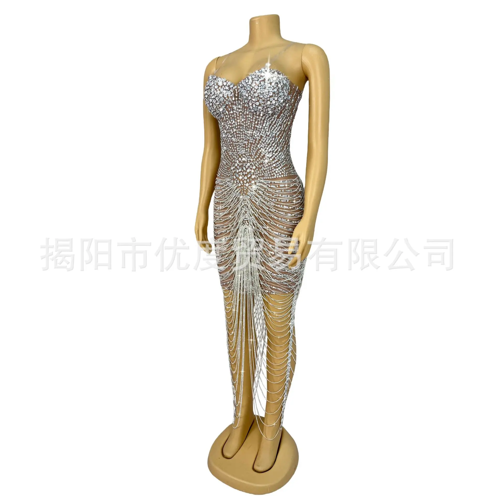 Niche Slim Fit Glam Tube Top Suspender Shiny Rhinestone Diamond Chain Cocktail Party Dress Performance Stamen Star Dew Robe Fête
