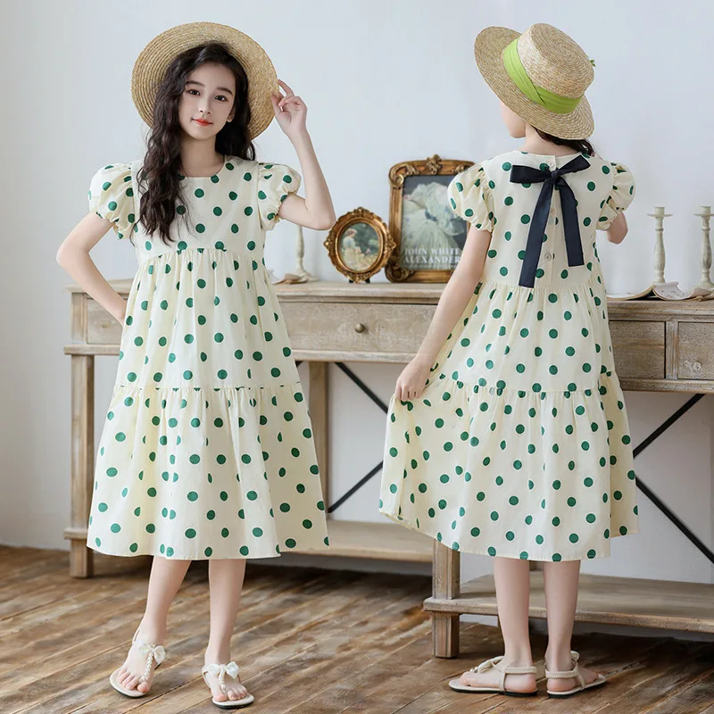 Girls Polka Dot Midi Dress Puff Sleeve Tiered Back Bow Tie Soft Fabric Casual Daily Summer Beach Vacation Kids Princess Sundress