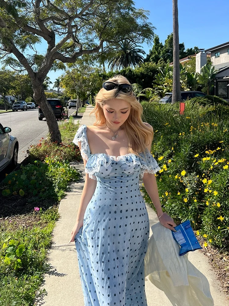 

Uomosi STAZF7 plus Size Lace Backless Long Dress Women Summer Polka Dot Beach Vacation Dress French Style High Waist A-Line S...