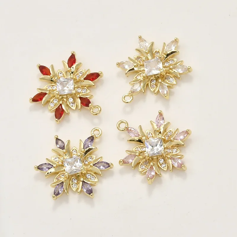Copper Plated 14k Gold Christmas Series Colorful Zirconium Snowflake Pendant DIY Bracelet Necklace Ear Jewelry Accessories