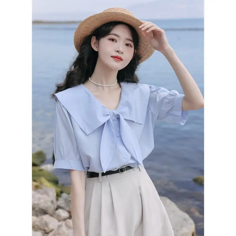 Women Summer Korean Fashion Bow Solid Color Peter Pan Collar Short Sleeve Shirts Women Clothes Casual All-match Appear Thin Tops