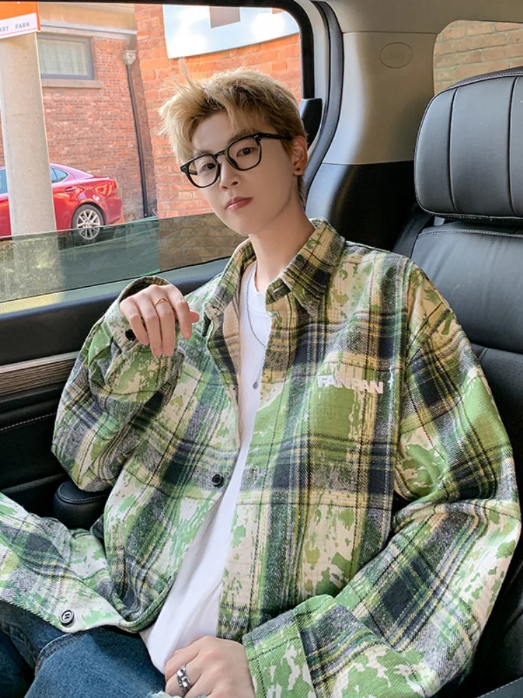 

American Retro Tie Dye Long Sve irt Men's Plaid Spring Autumn Sle Trendy Brand Small Fraance Wind Coat Youth ular