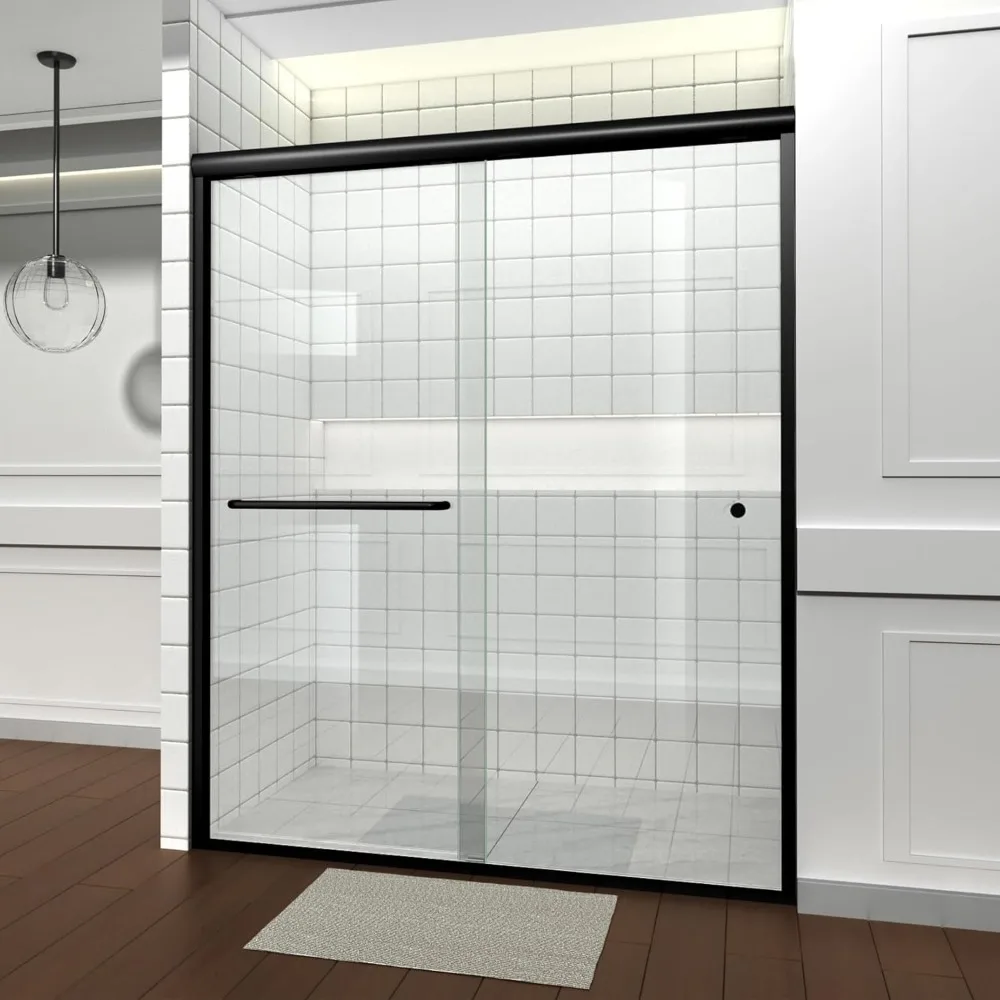 Double Sliding Shower Doors  AdjustableSemi-Frameless Bypass Glass Shower Door Tempered Safety Glass, Matte Black.