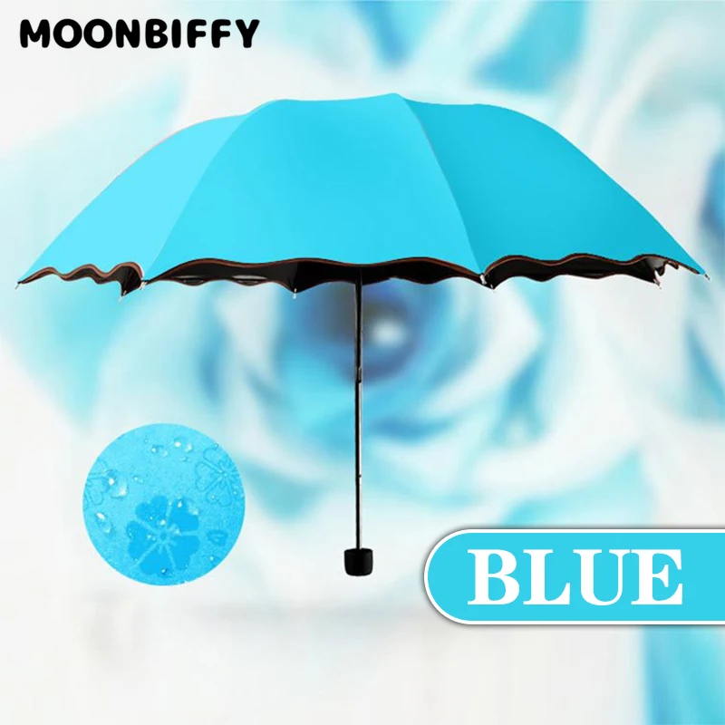 Ladies'sunshine Umbrella Blossoms In Water Changes Color Parasol Umbrella Triple Fold Black Rubber Sunscreen UV Woman Umbrellas