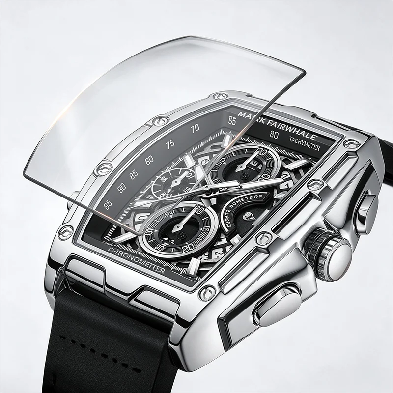 Mark Fairwhale 5080 Men's Quartz Watch Big Size Tonneau Multi-Dial Luminous Waterproof with Silicone Alloy Strap Calendar Featur