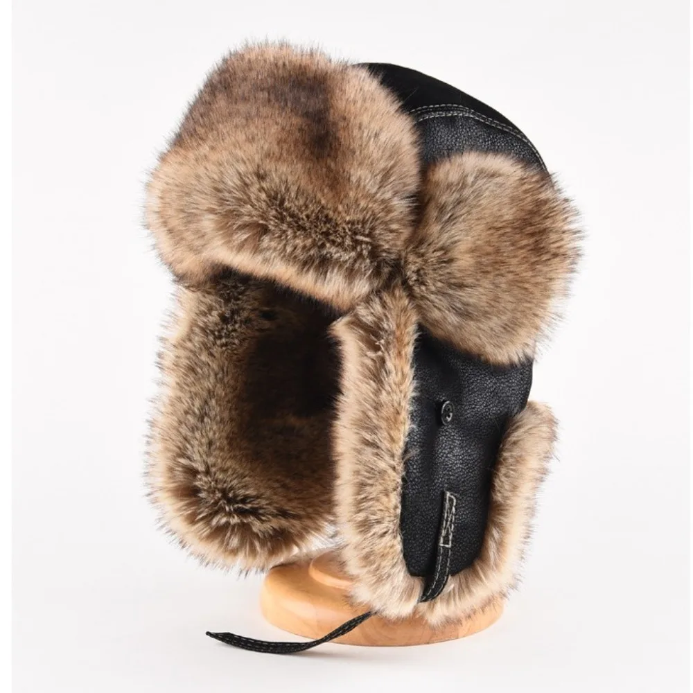 

New Leather Winter Trapper Hat Pilot Faux Fur Lined Caps Lei Feng Hat Windproof Thicken Warm Ski Ushanka Men's