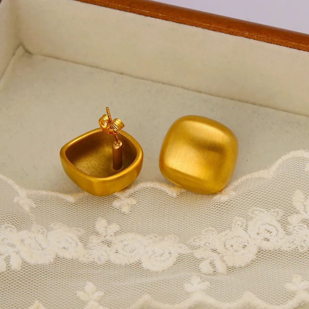 Sold As Pair 316 Stainless Steel Matte Brushed Rounded Square Stud Earrings Single Gold Vintage Elegant Unique Daily Jewelry