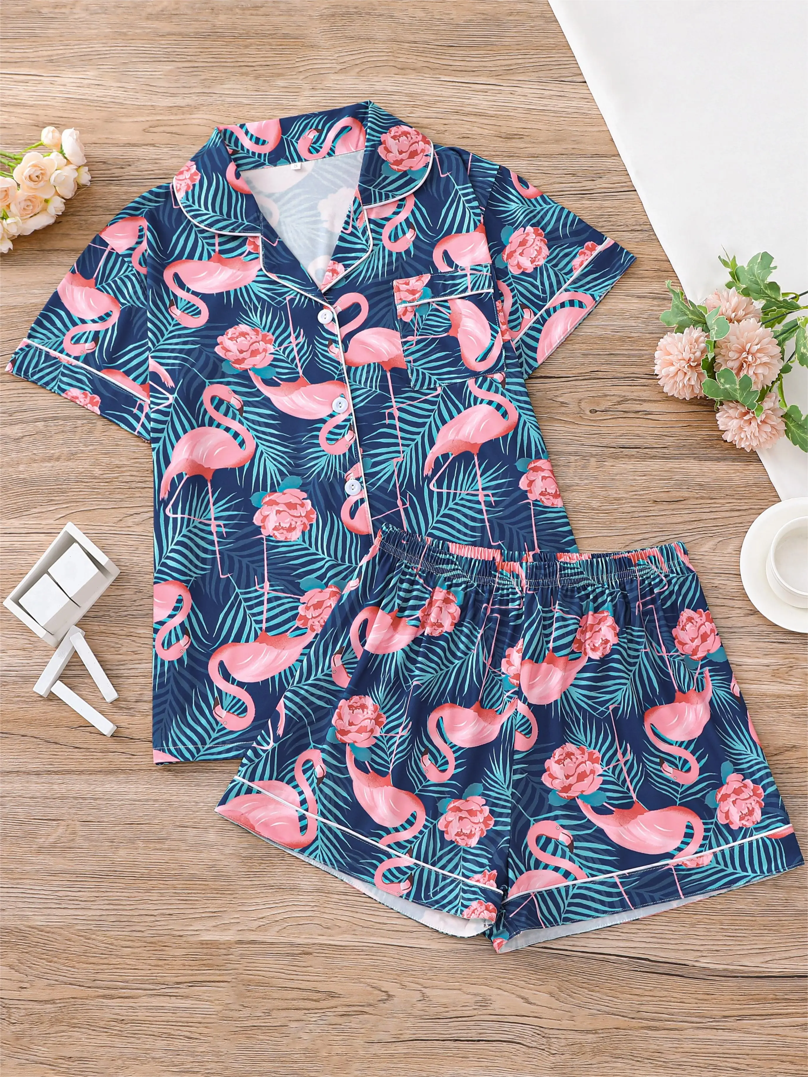 Tropical Plant And Flamingo Print Shirt Collar Short Sleeve Top And Loose Shorts Pajama Set