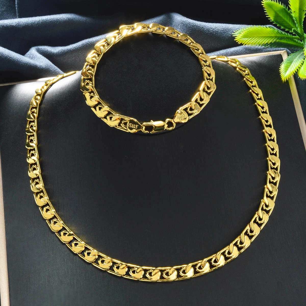 Gold Plated Copper Necklace Bracelet Set 750 Italy Mark Flat Snake Chain Jewelry Set Women Hip Hop Rock Link Chain Party Gift