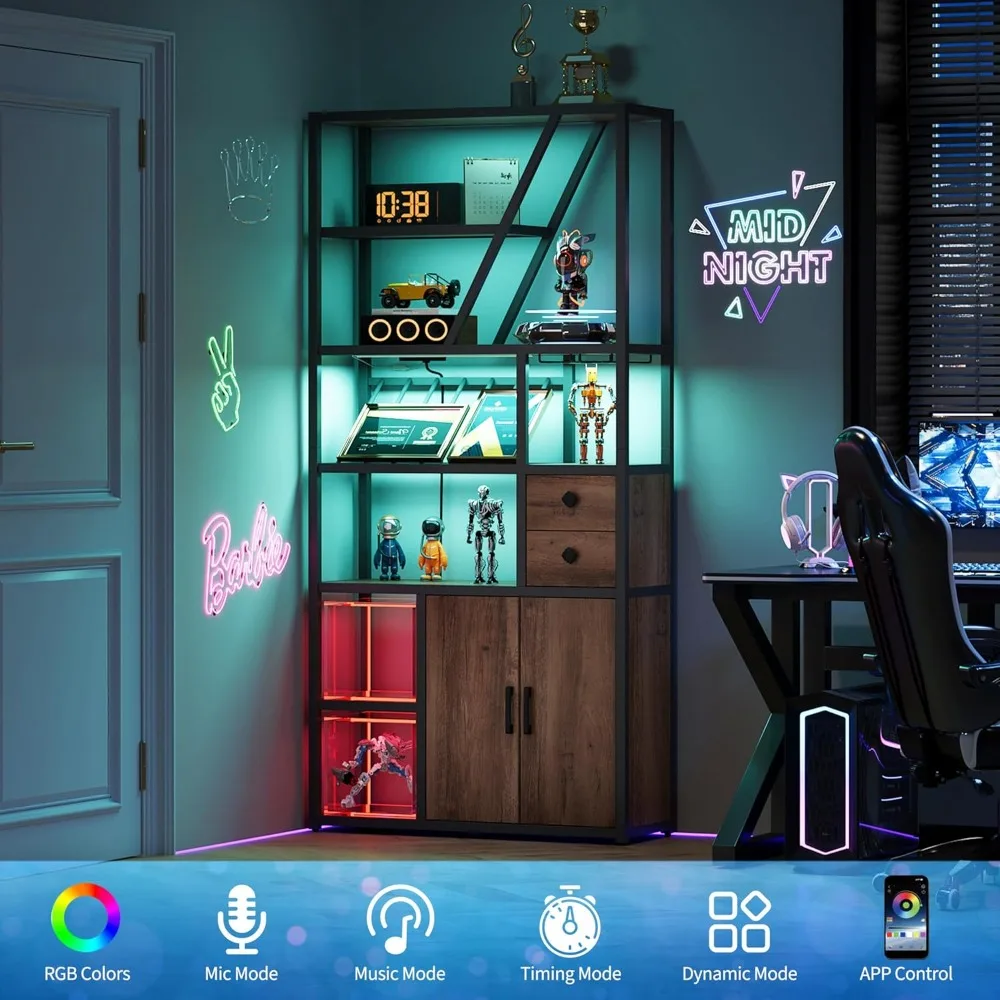 Lemari Bar Anggur dengan Lampu LED, Stasiun Bar Kopi Tinggi dengan Stopkontak & Rak Anggur, Rak Microwave Dapur dan Rak Roti