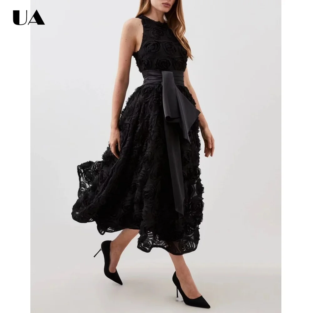 

Trendy Solid A-line 3D Flower Dresses for Women, Elegant O-neck Sleeveless Long Dress, Summer New Waist-chiching Maxi Dress