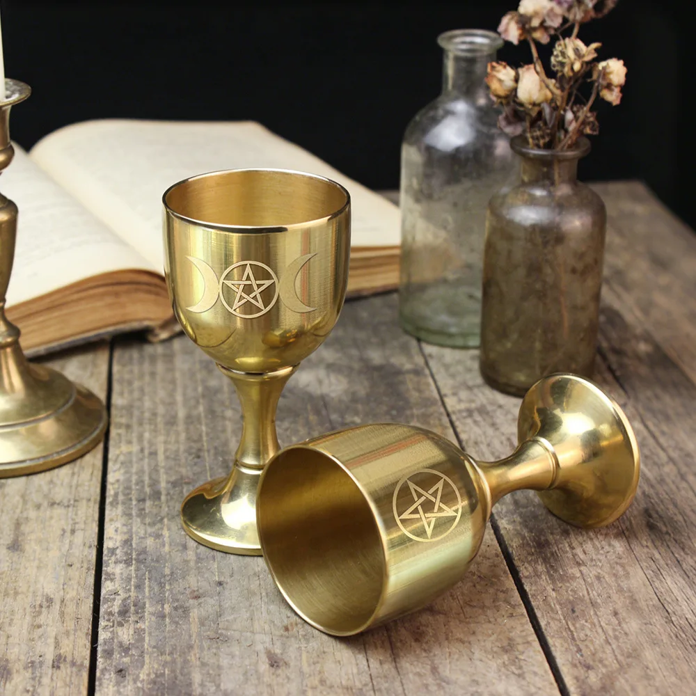 Pentagram Mirror Brass Cup Triple Moon Pentacle Brass Ritual Chalice Witch Altar Decor Spiritual Ceremony Gift