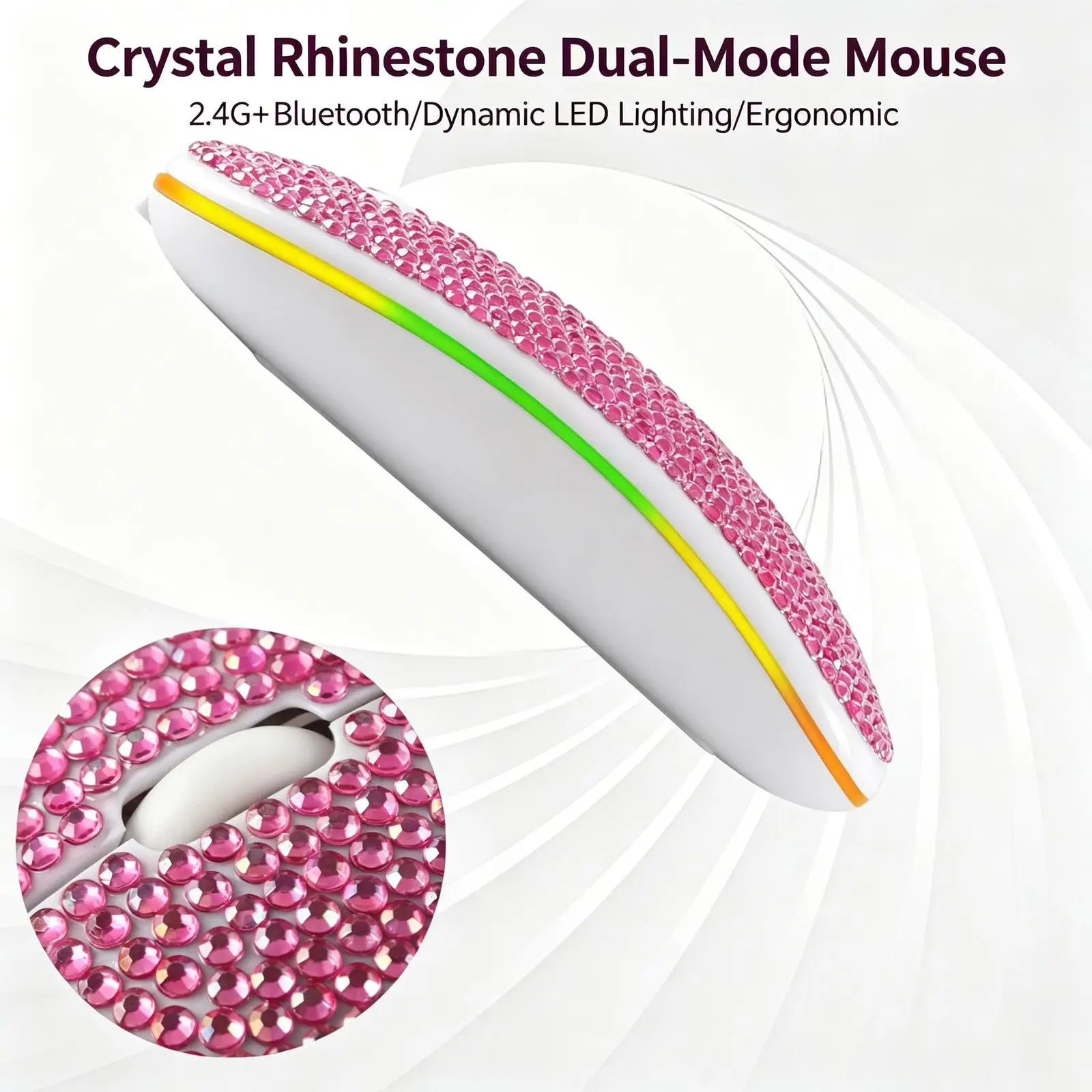 Crystal Rhinestone Wireless Mouse 2.4G+Bluetooth Dual Mode Ergonomic Rechargeable Silent Click 7-Color LED Mice For PC Laptop