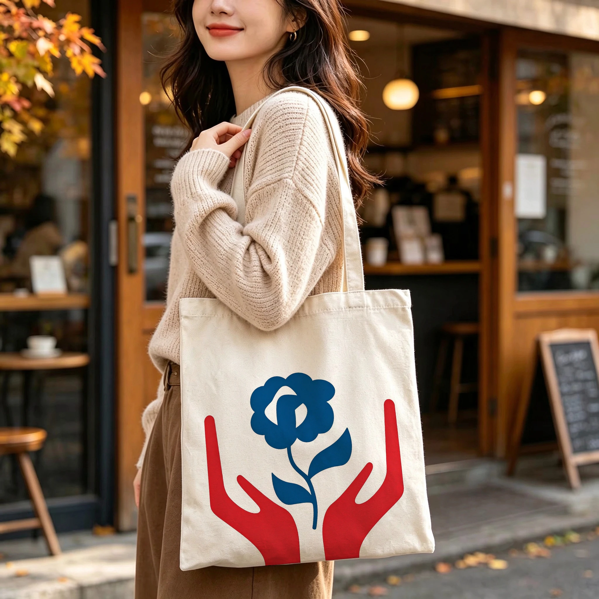 Personalized Hands Holding Flower Canvas Tote Bags Custom Names Fun Red Blue Rose Artistic Grocery Shopping Bags for Women Gifts