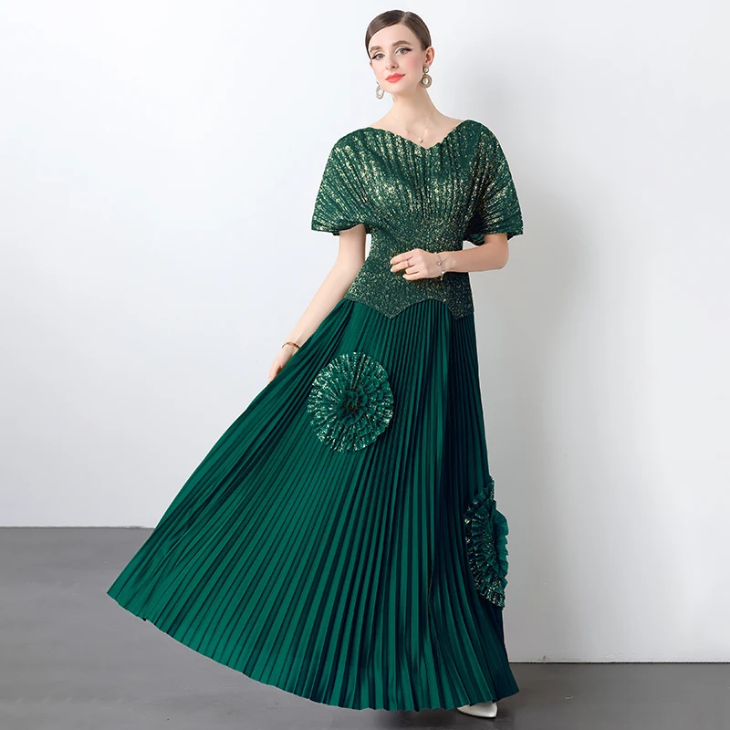 Ensemble t-shirt et jupe longue V-Ne avec Sves chauve-souris et Gold Eming européen Sle fibre de polyester Midi Dr