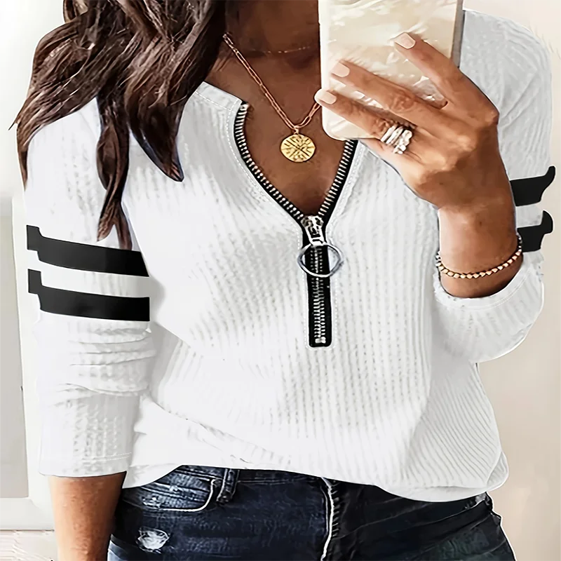 

Women's Elegant Sleeves with Contrasting Elastic Webbing T-Shirt Zipper Long-Sleeved Knitted Top