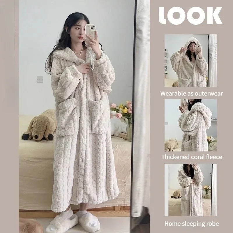 

Autumn and Winter Sleepwear Women's Flannel Nightgown Women's Coral Fleece Long Style Cute and Sweet Home Wear Lazy Nightgown