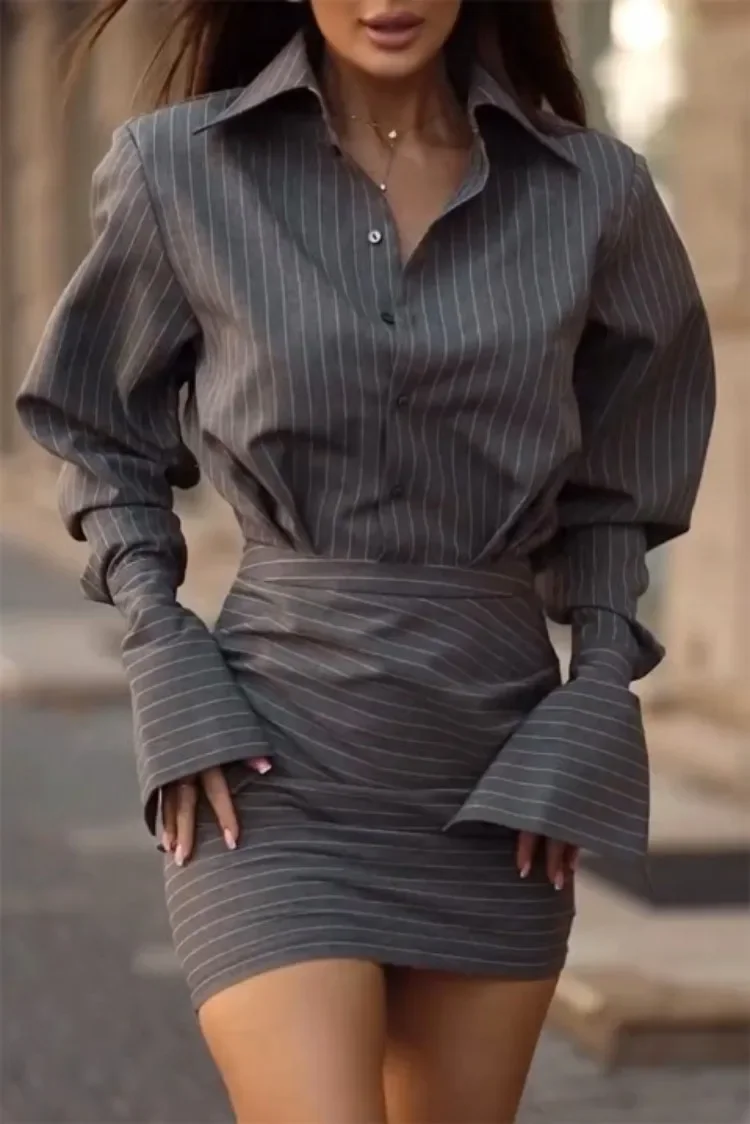2025 Summer Sexy Striped Mini Skirt Set Women Lapel Single-breasted Shirts Hip Package Skirts Autumn Slim Lady 2 Pieces Outfits