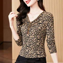 Women's V-Neck Leopard Print Beaded T-Shirt, Mesh Tops, Long Sleeve, Casual Fashion, Autumn, New, M-3XL, 2023