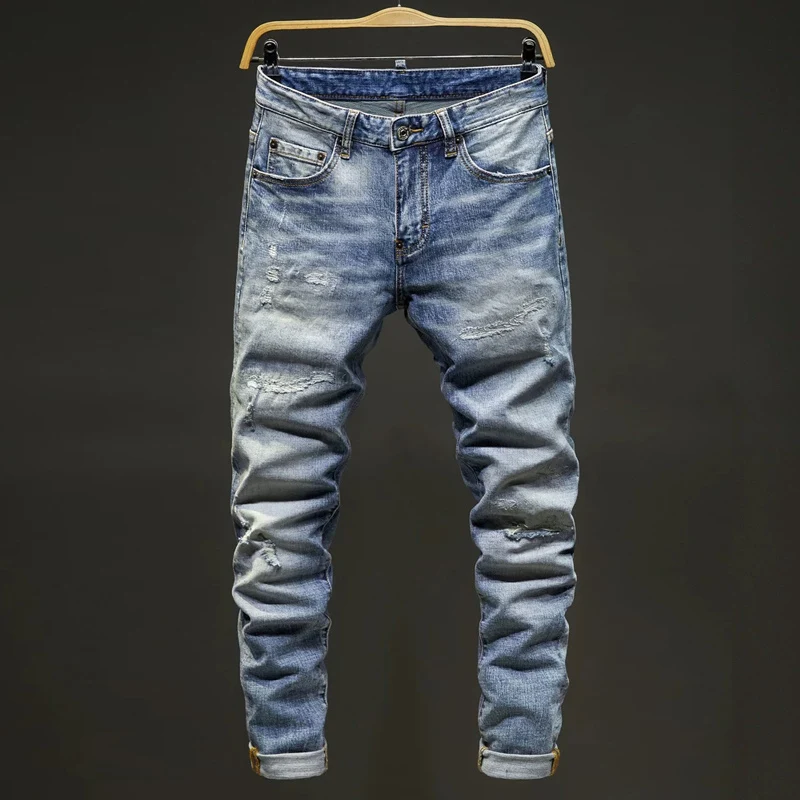 Men Washed Light‑Blue Whisker Distressed Scratch Ripped Stretch Skinny Denim Jeans Hip‑Hop Streetwear Denim JeansY2K