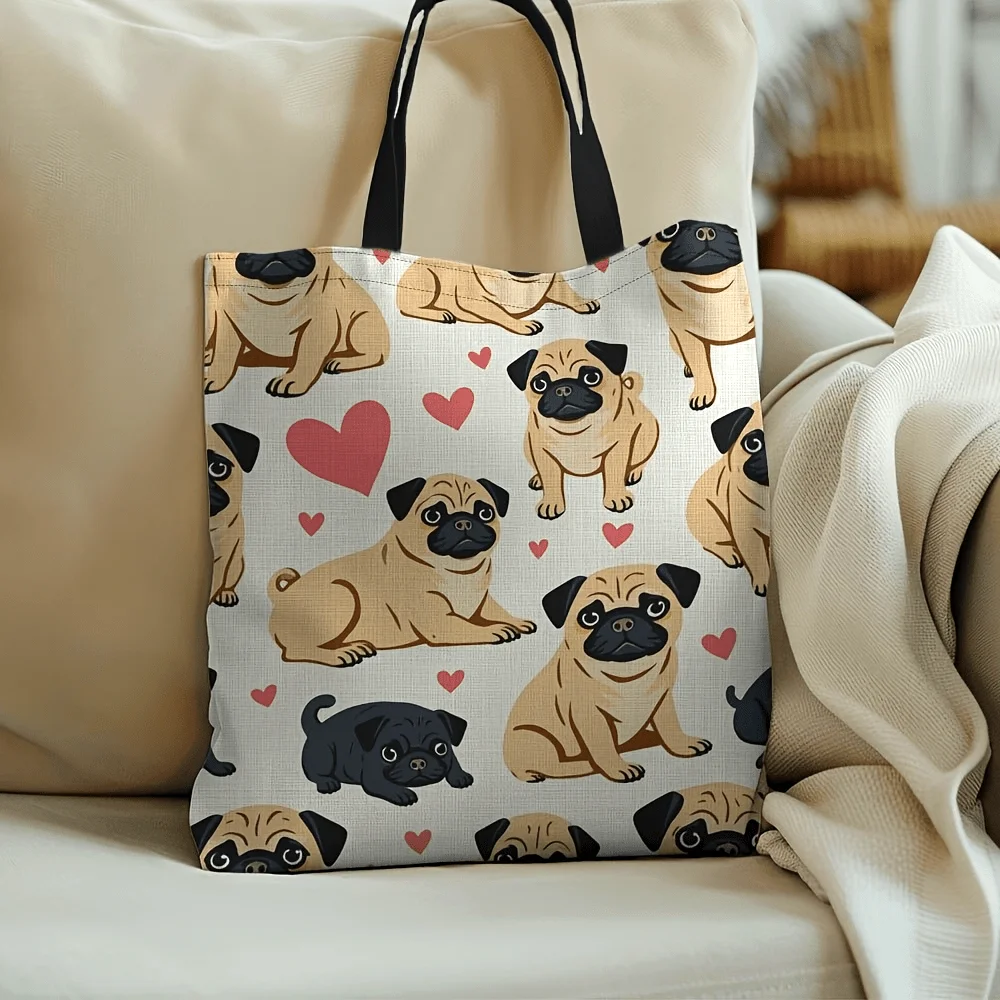 1pc Cute Pug Dog Print Tote Bag with Wristlet - Spacious Polyester Grocery Bag Suitable for Easter, Ramadan, Mother' Day Gift