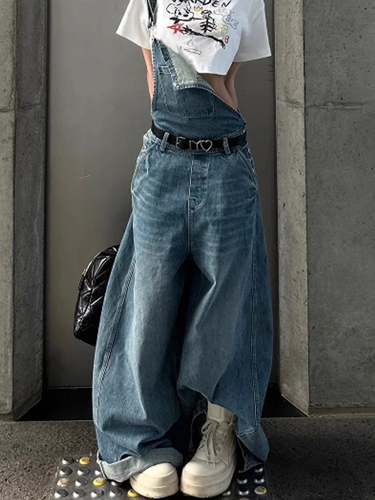 

Women's Vintage Blue Overalls Straight Casual Fashion Cool Girl Denim Pants Female Streetwear Jeans Rompers Loose Trouser