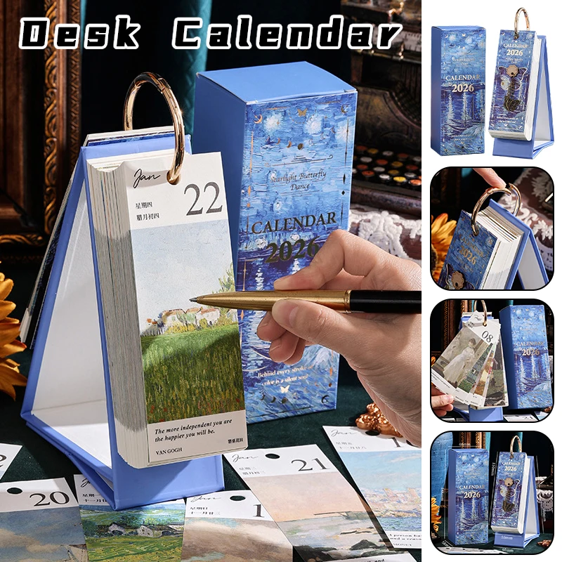 

2026 Vintage Oil Painting Desk Calendar Gold With Ring Binding 365 Days Inspirational Quotes Daily Planner One-Way Page Turn