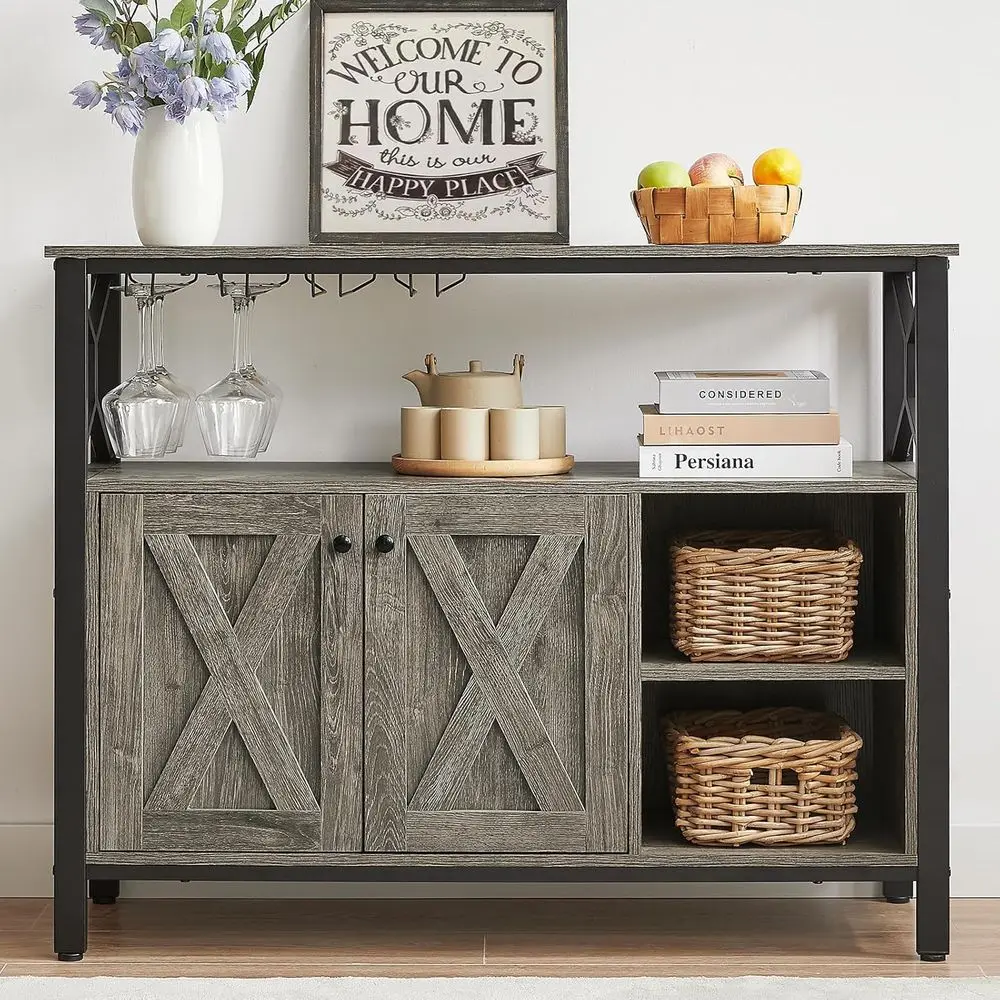 

45.3 Grey Kitchen Sideboard with Storage, Adjustable Shelves, and Wine Glass Rack