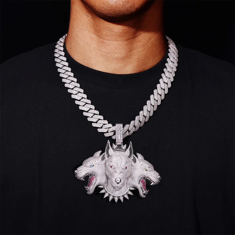 Anztilam 3 Dog Heads Pendant Iced Out Pendant Necklace For Men Long Link Chain Women Brass Zircon Hip Hop Jewelry Free Ship