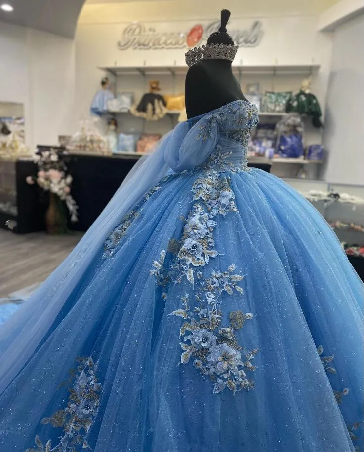 Vestidos de quinceañera con hombros descubiertos, corsé con apliques florales en 3D, azul cielo, 15, dulce 16