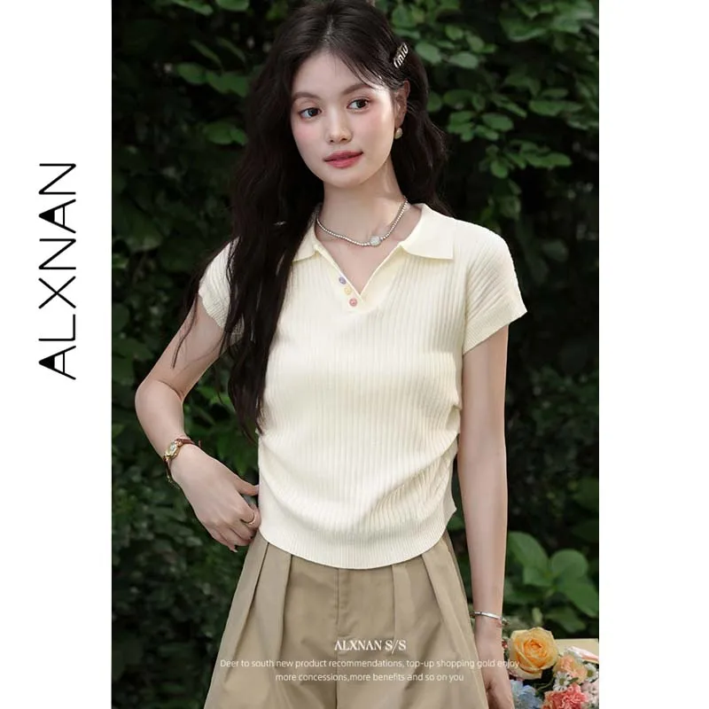 ALXNAN  Polo Lapel Knitted T-shirt 2026 Summer Women Side Ruched Slim Short Sleeve Tees French Elegant Casual Female Tops L56365