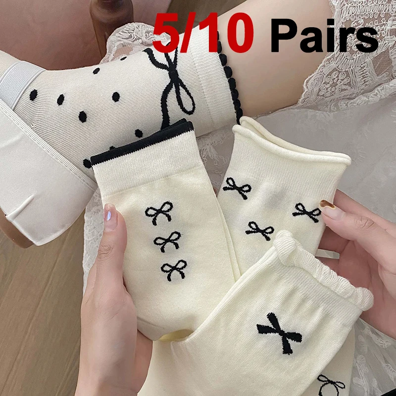 5/10 Pairs Women Bow Tie Mid Leg Socks Floral Lace Border Decoration Lightweight Breathable Soft Comfortable Casual Socks