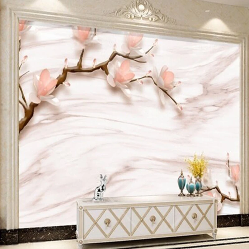 Modern and simple 3D stereoscopic magnolia branch marble pattern TV luxurious home bedroom background wall