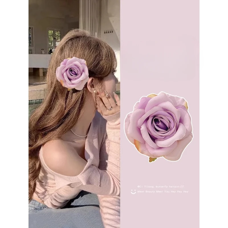 Gentle Purple Rose Simulation Flower Hair Clip Female Side Bangs with Seaside Vacation Headflower Hair Accessory