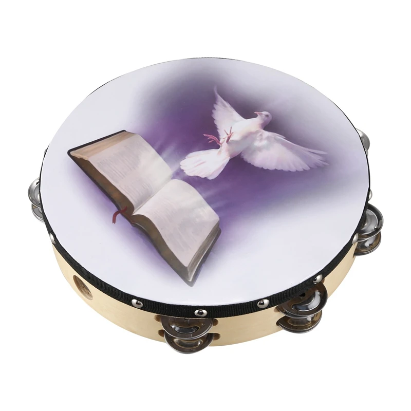 

10 Inch Wooden Tambourine Pigeon Bible Music Percussion Instrument Tambourine Double
