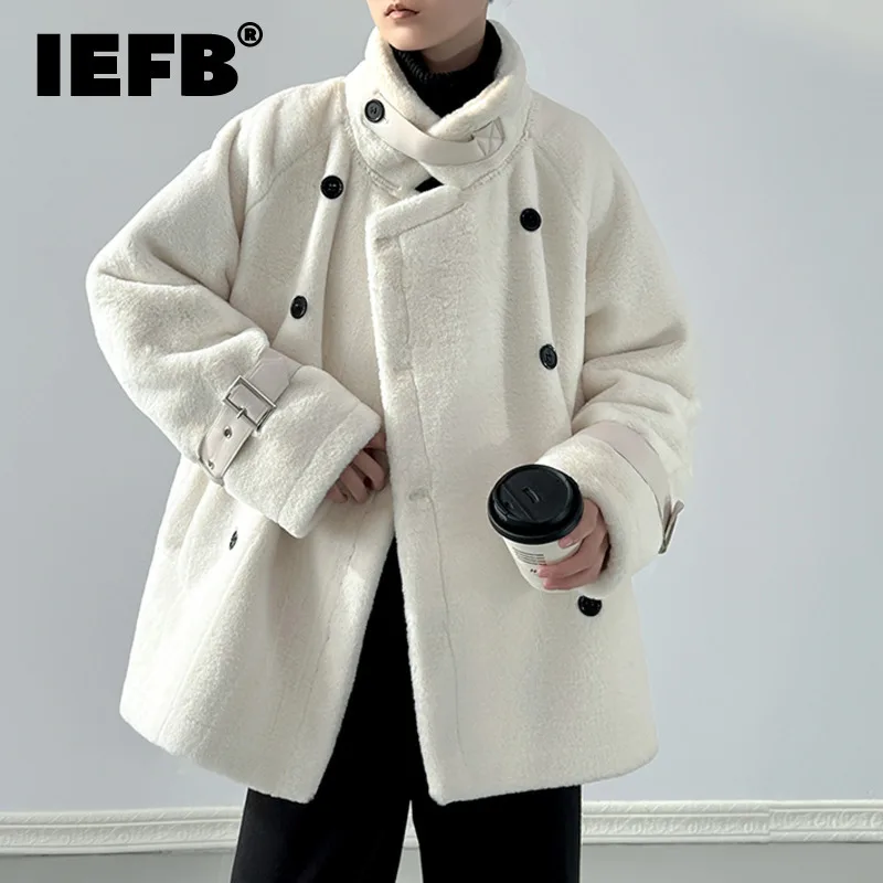 IEFB Korean Style Men\'s Lamb\'s Wool Coats Fleece Belt Turn-down Collar Double Breasted Solid Color Loose Male Jackets 9C7761