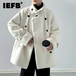 IEFB Korean Style Men's Lamb's Wool Coats Fleece Belt Turn-down Collar Double Breasted Solid Color Loose Male Jackets 9C7761