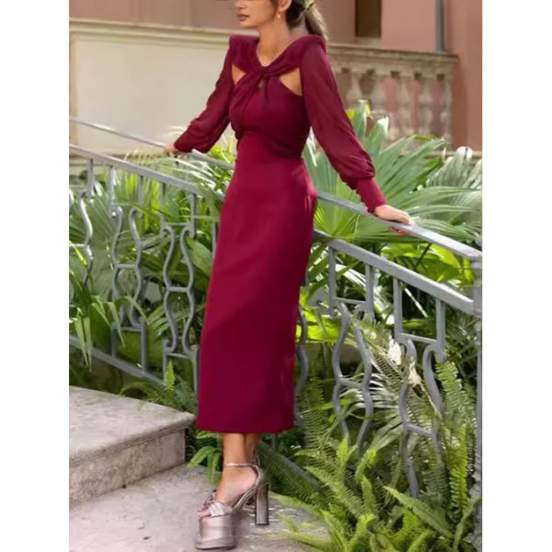 

2024Cross-Border Foreign Trade Amazon European and American Ladies Long Dress Autumn New Fashion Solid Color Loose and Elegant D