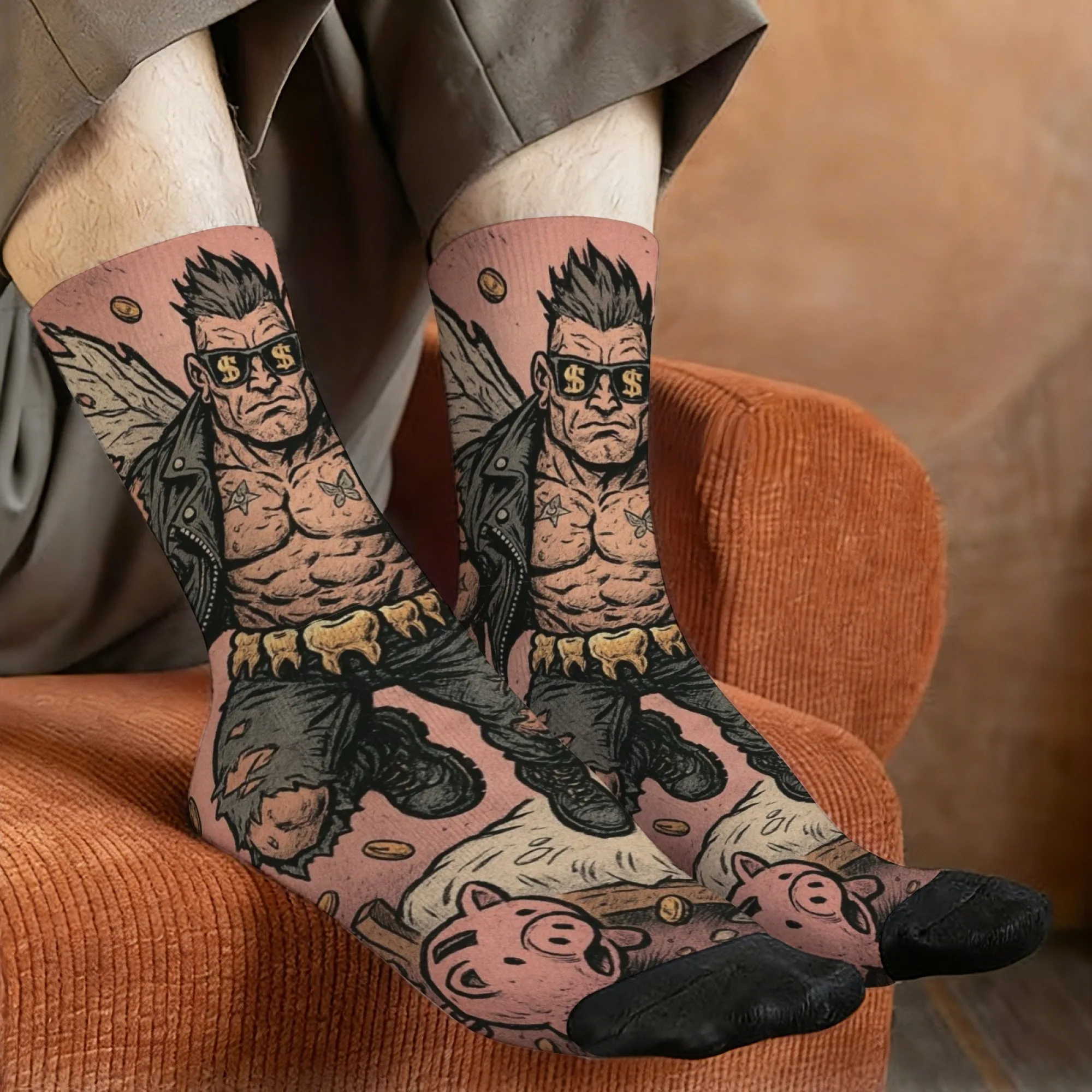 Novel retro comic book style men's socks, fun street punk tooth fairy print casual socks, fun party and holiday gift.