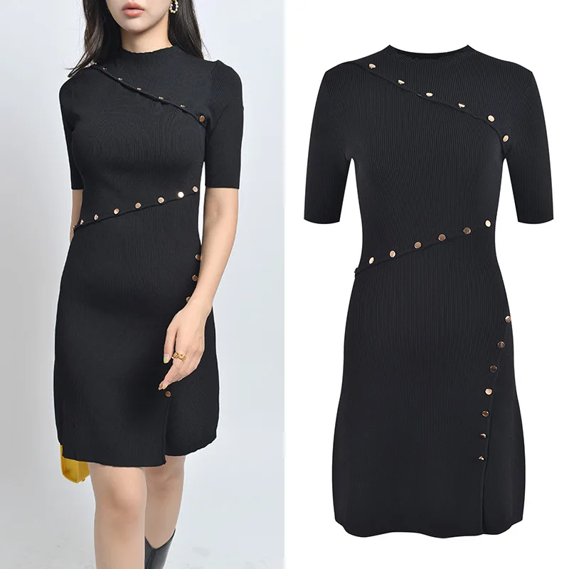 

Summer 2025 Slim Fit Knitted Dr Button Decor Design Pure Color Ele Little Bla Dr ort Sve round Ne Other