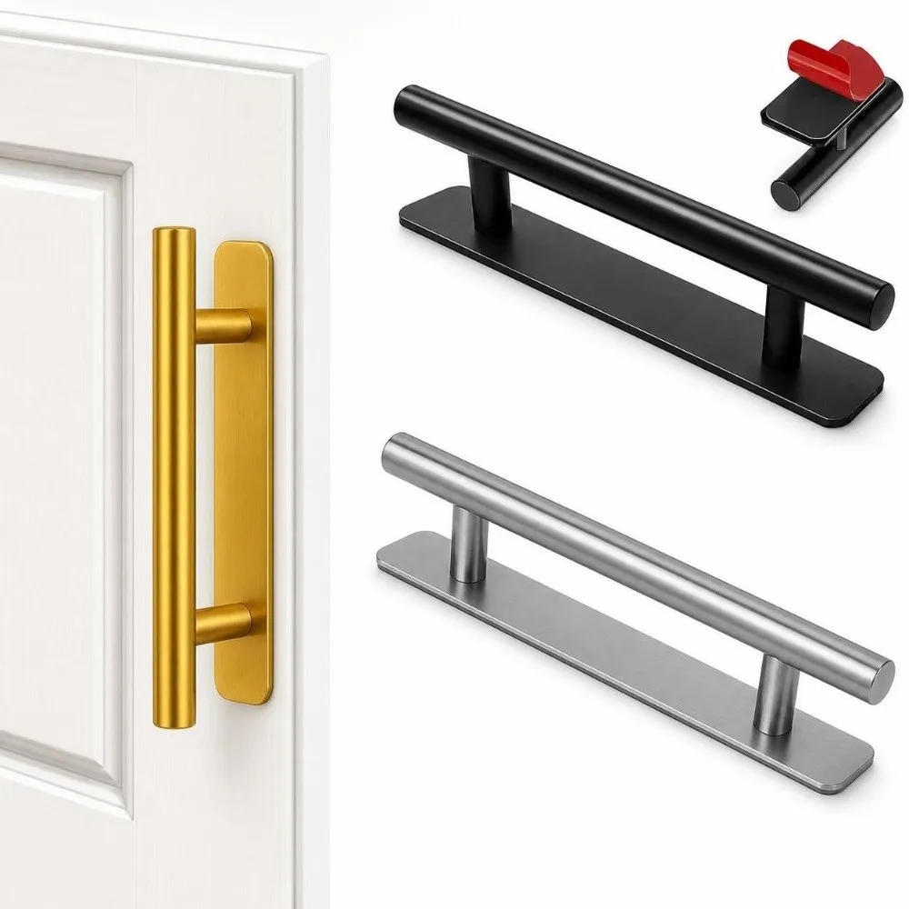 1PCS Self-Adhesive Stick-On Cabinet Handles Stainless Steel Black Silver Color Door Pulls No-Punch Punch-Free Drawer Knobs