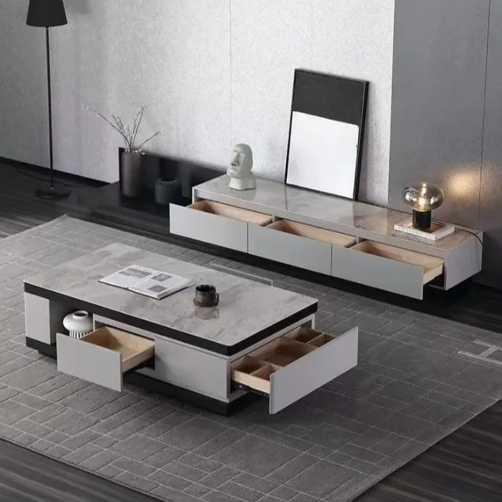 Modern fashion Italian minimalist rock panel TV cabinet coffee table combination living room household storage coffee table