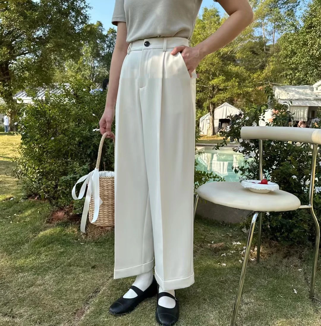 

2024 New High Waist Suit Wide Leg Women's Pants Female Chic Elegant Minimalism Straight Loose Trousers Solid Pockets Trousers