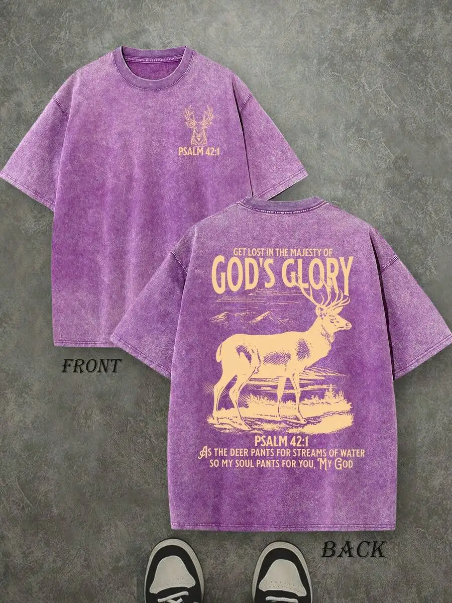 

Vintage Washed Purple Christian Tee Psalm 42:1 Deer Print Double Sided T-Shirt Pure Cotton