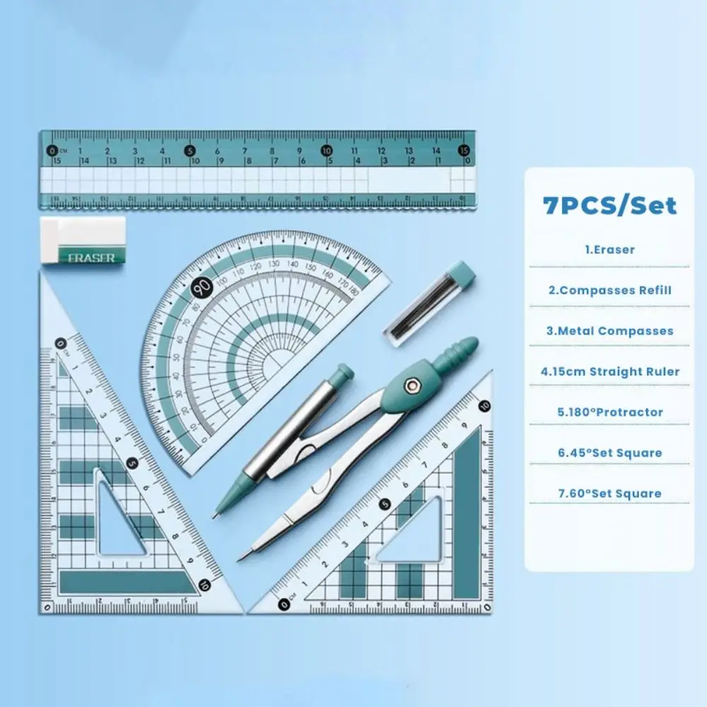 7/8PCS Set Vierkante Liniaal Kompassen Set Gradenboog Rechte Liniaal Meten Liniaal Pak Tekengereedschap Multifunctioneel