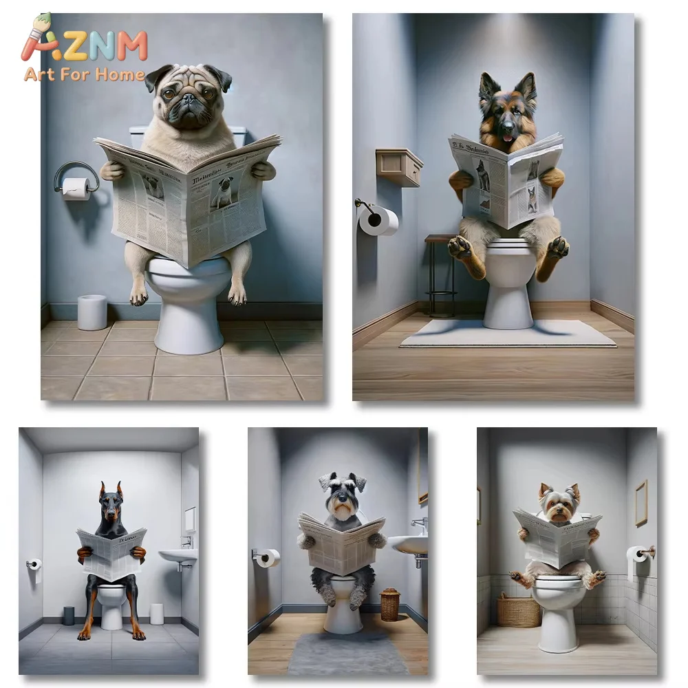 Toilet Dogs Reading Newspapers Funny Posters Rottweiler Doberman Poodle Canvas Painting Bathroom Wall Art Picture Home Decor