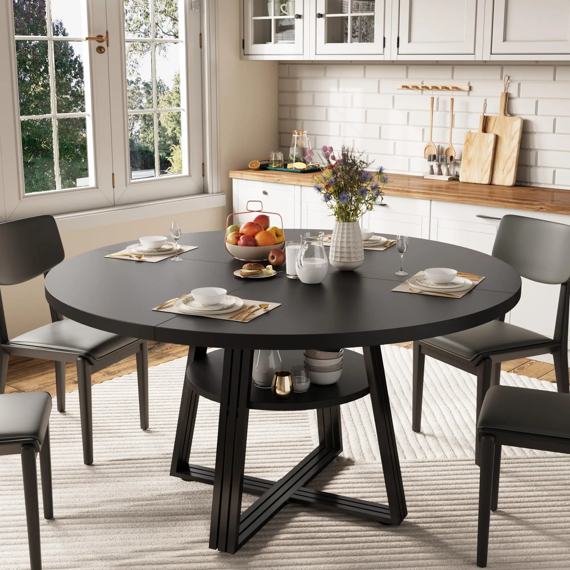 Farmhouse Round Dining Table for 4-6 – Space-Saving Modern Kitchen Table with Storage, Sturdy Wood & Metal Design – Ideal for Dining Room, Living Room, or Apartment – Black