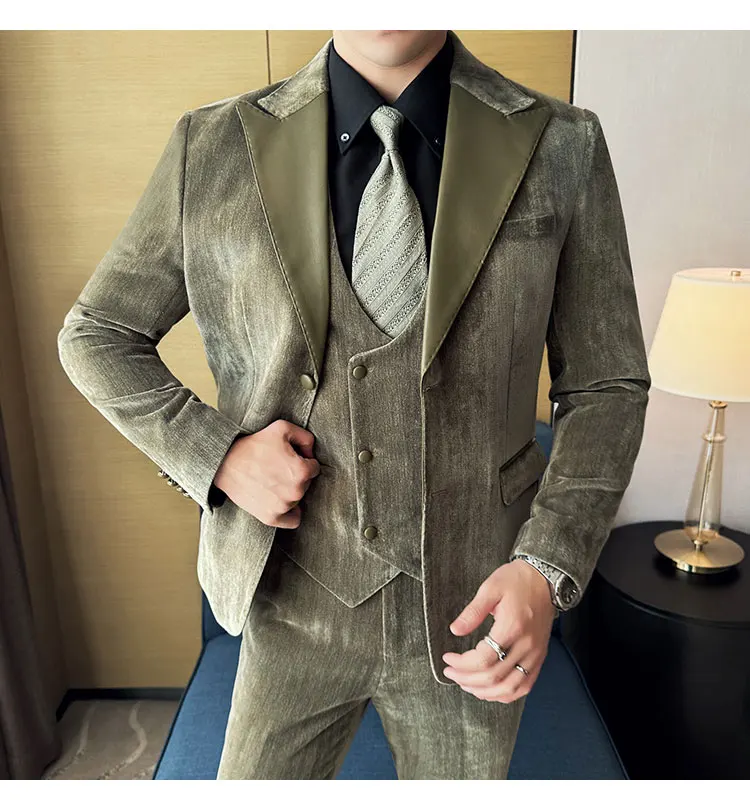 Autumn Winter New Leather Patchwork Chenille Gray Blue Black Khaki Suit Jacket Men's High-end Business Fashion Slim Fit Suit Set