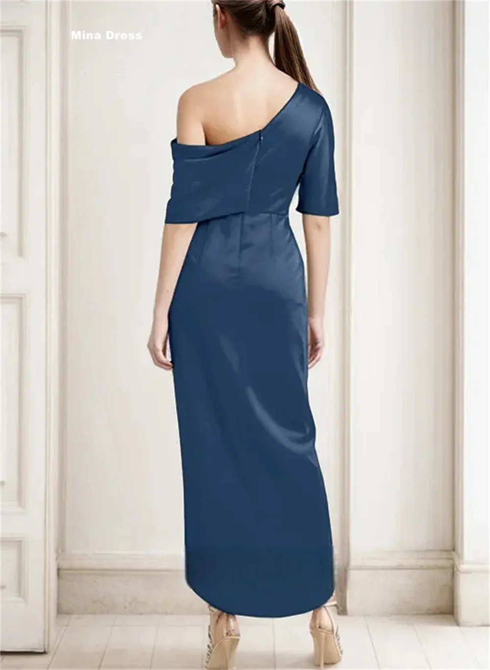 Mina Customized Gray Blue Slanted Shoulder Short Sleeves Pleated Slit Women's Day Dress 2026 Evening Dresses Luxury Party Dress