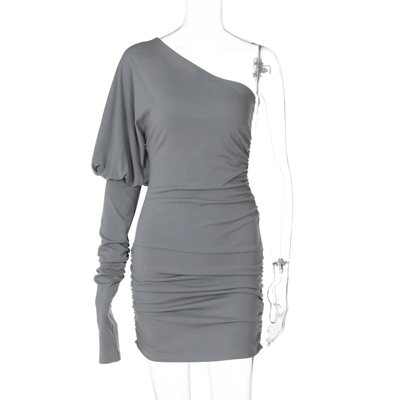 Women Sexy One Shoulder Lantern Sleeve Ruched Bodycon Mini Dress